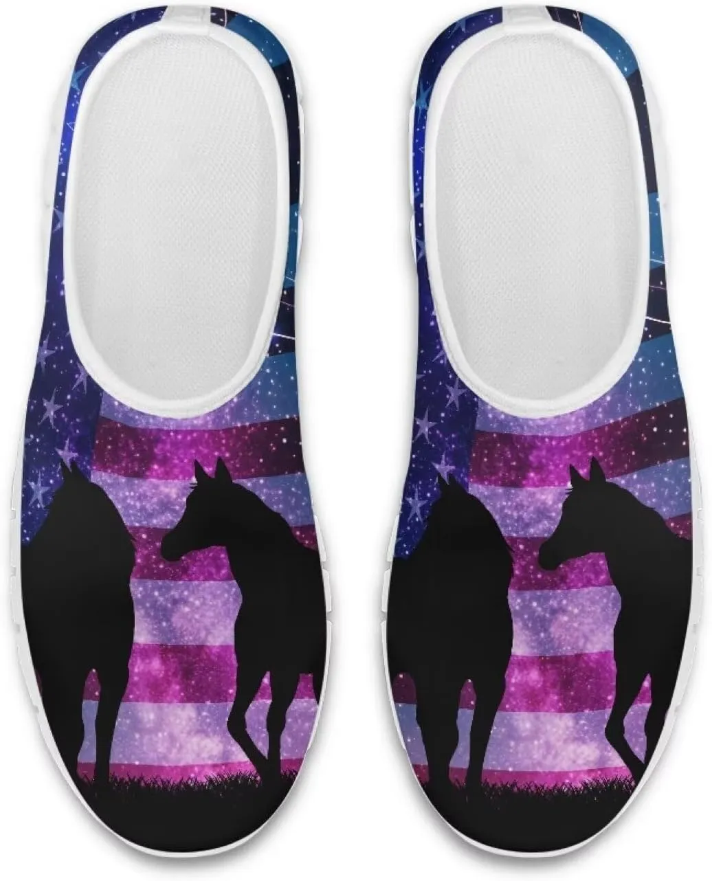 America Flag Galaxy Horse Print Men's Slip On Walking Shoes Running Comfortable Breathable Non Slip Athletic Gym Workout Cross Training SneakersWhite Sole