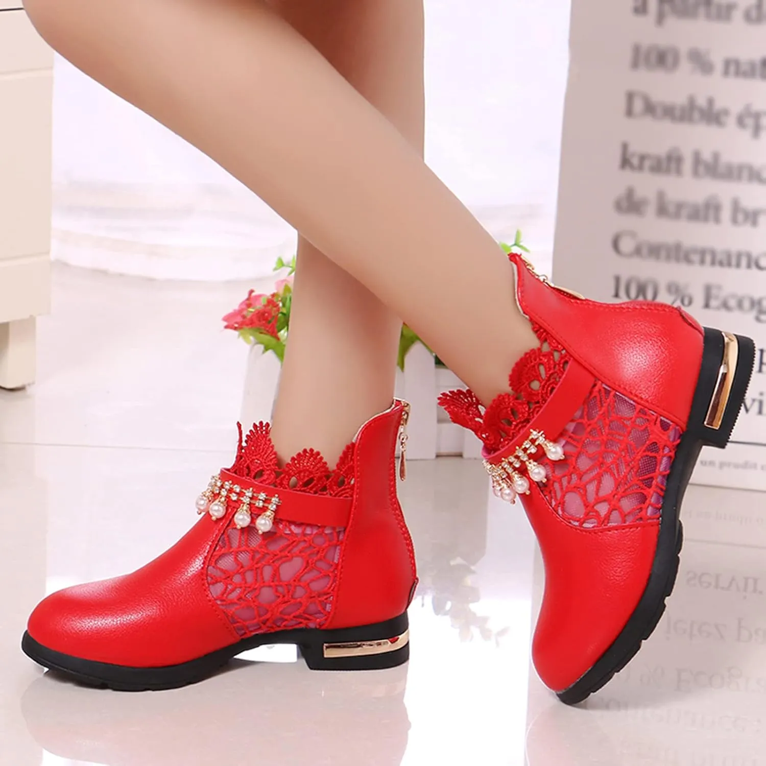 Ankle Boots for Girls Chunky Low Heel Short Short Booties Zip Back Slip On Dress Boot Shoes for Little Kid/Big Kid