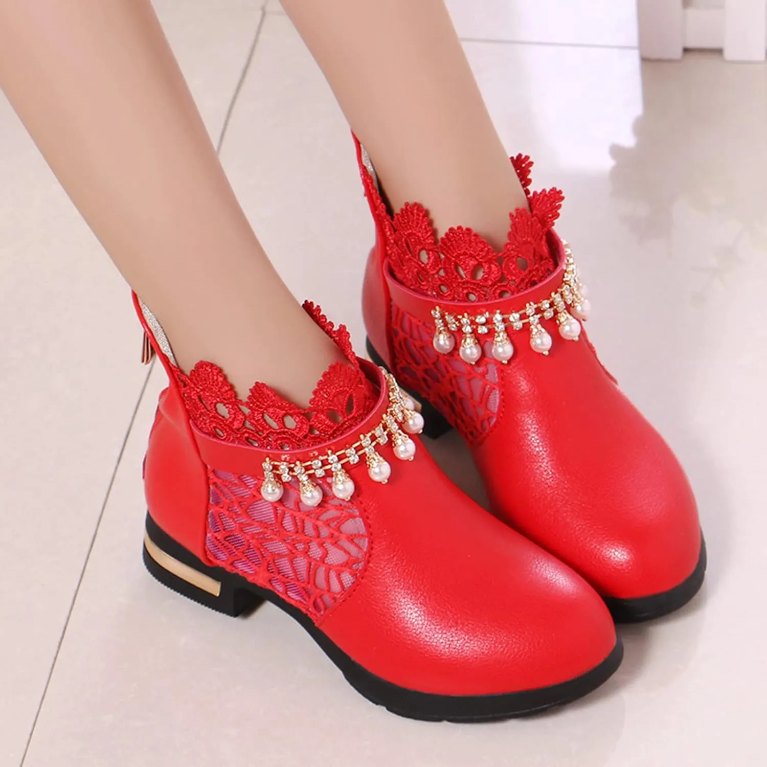 Ankle Boots for Girls Chunky Low Heel Short Short Booties Zip Back Slip On Dress Boot Shoes for Little Kid/Big Kid