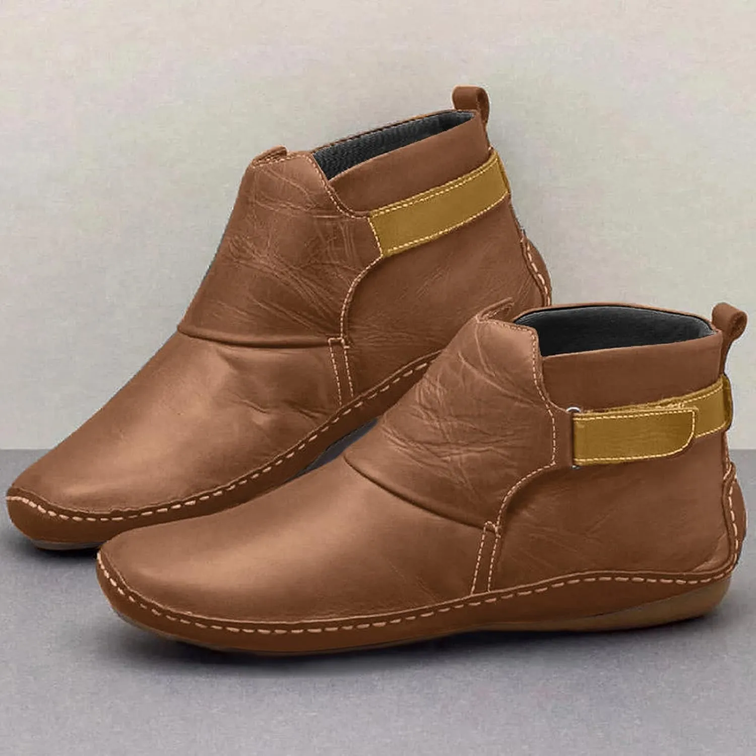 Ankle Boots for Women No Heel Arch Support Booties Side Zipper Vintage Leather Boots Flat Heel Dressy Booties