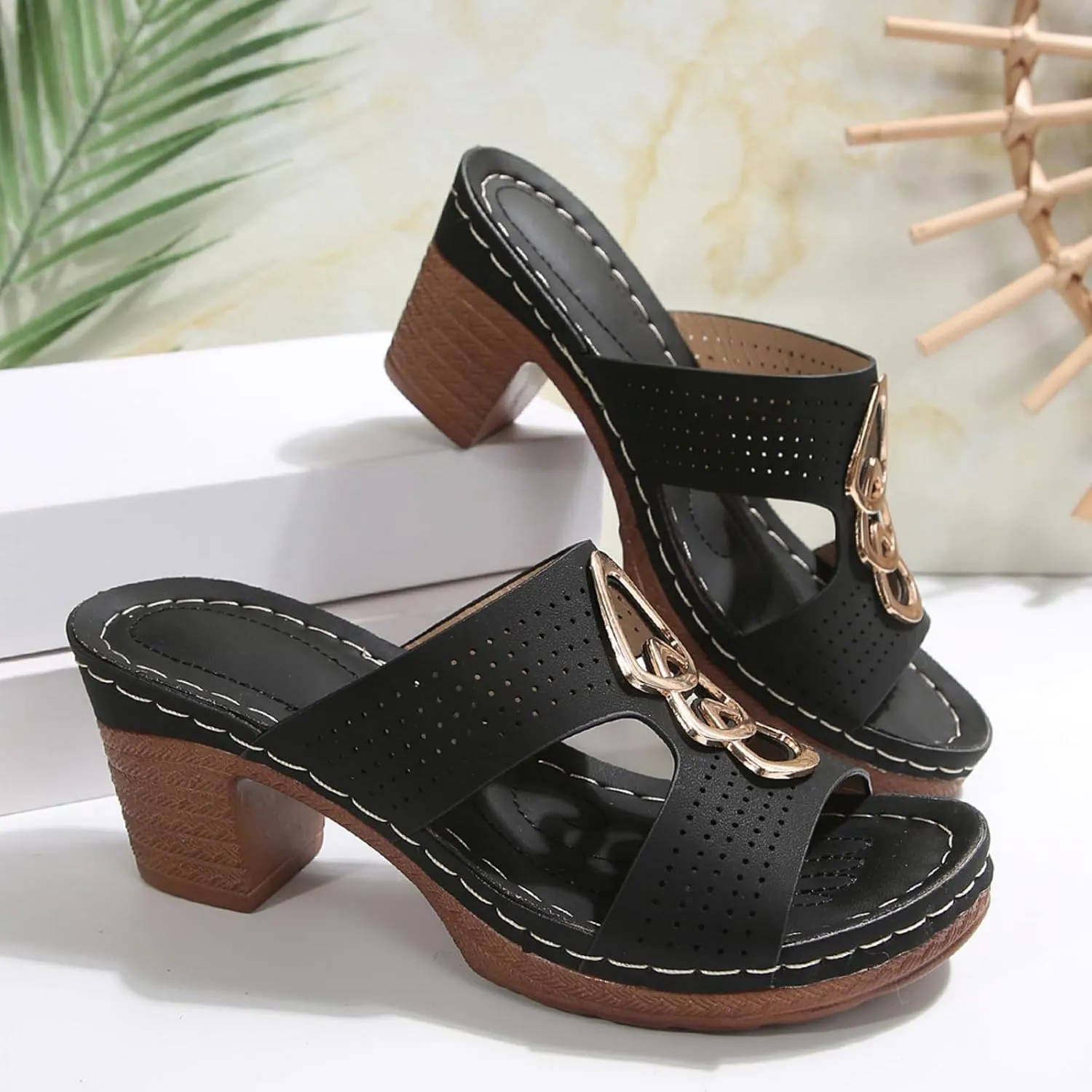 Chunky Heel Sandals for Women Open Toe Metal Decoration Wedges, Hollow Out Breathable Slingback Heels Sandals Beach Slip on Slides Casual Walking Shoes