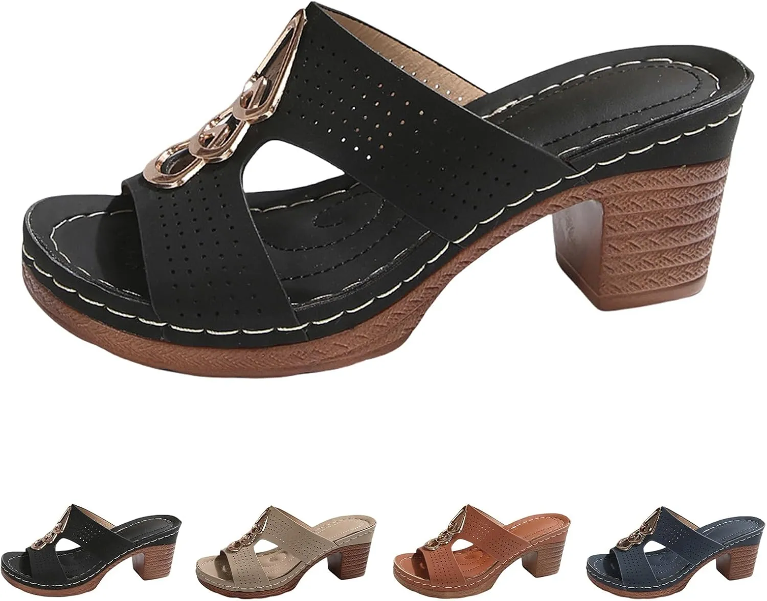 Chunky Heel Sandals for Women Open Toe Metal Decoration Wedges, Hollow Out Breathable Slingback Heels Sandals Beach Slip on Slides Casual Walking Shoes