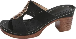 Chunky Heel Sandals for Women Open Toe Metal Decoration Wedges, Hollow Out Breathable Slingback Heels Sandals Beach Slip on Slides Casual Walking Shoes