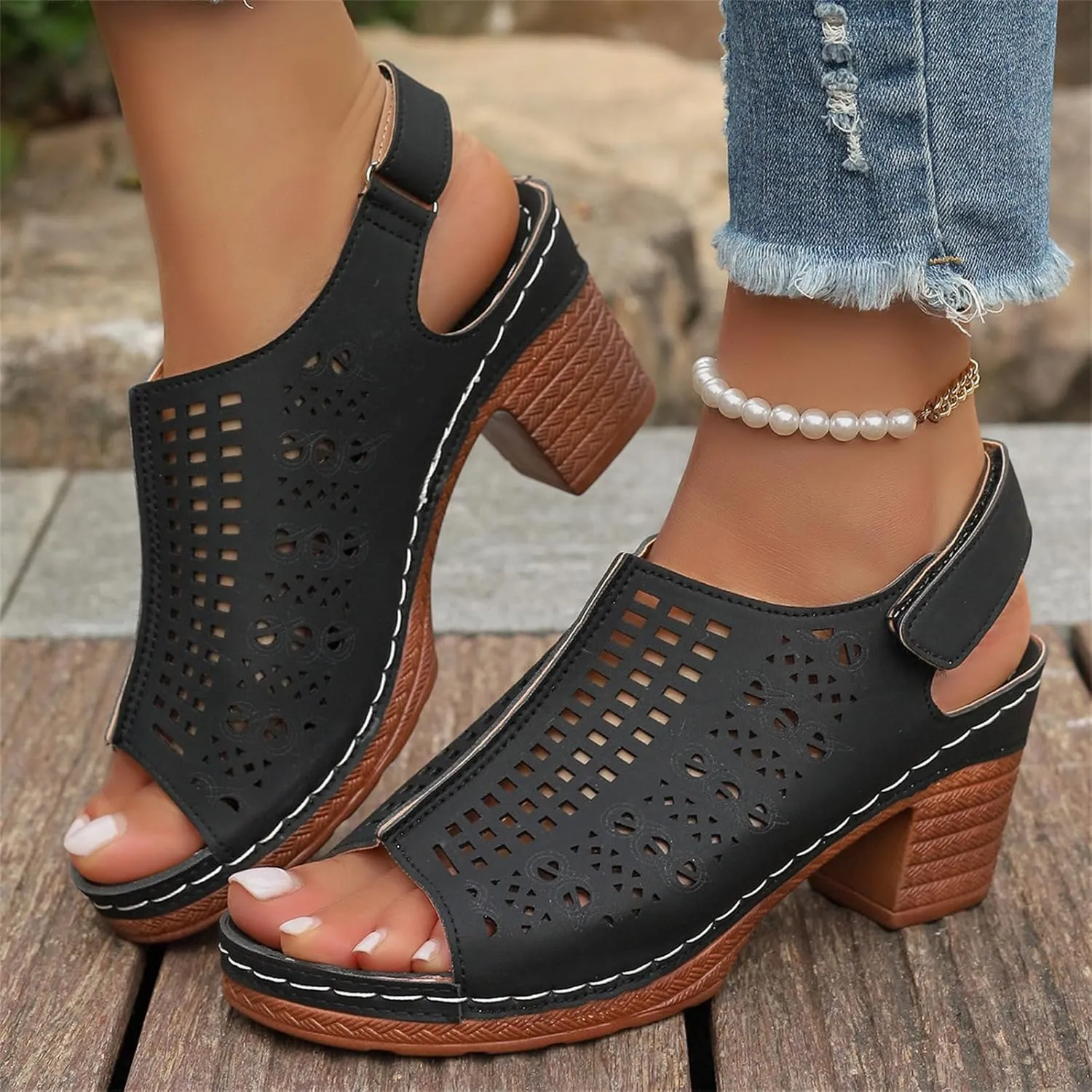 Chunky Heel Sandals for Women Summer Open Toe Ankle Strap High Heel Sandals, Breathable Hollow Out Fish Mouth Sandal Slip On Outdoor Chunky High Heels