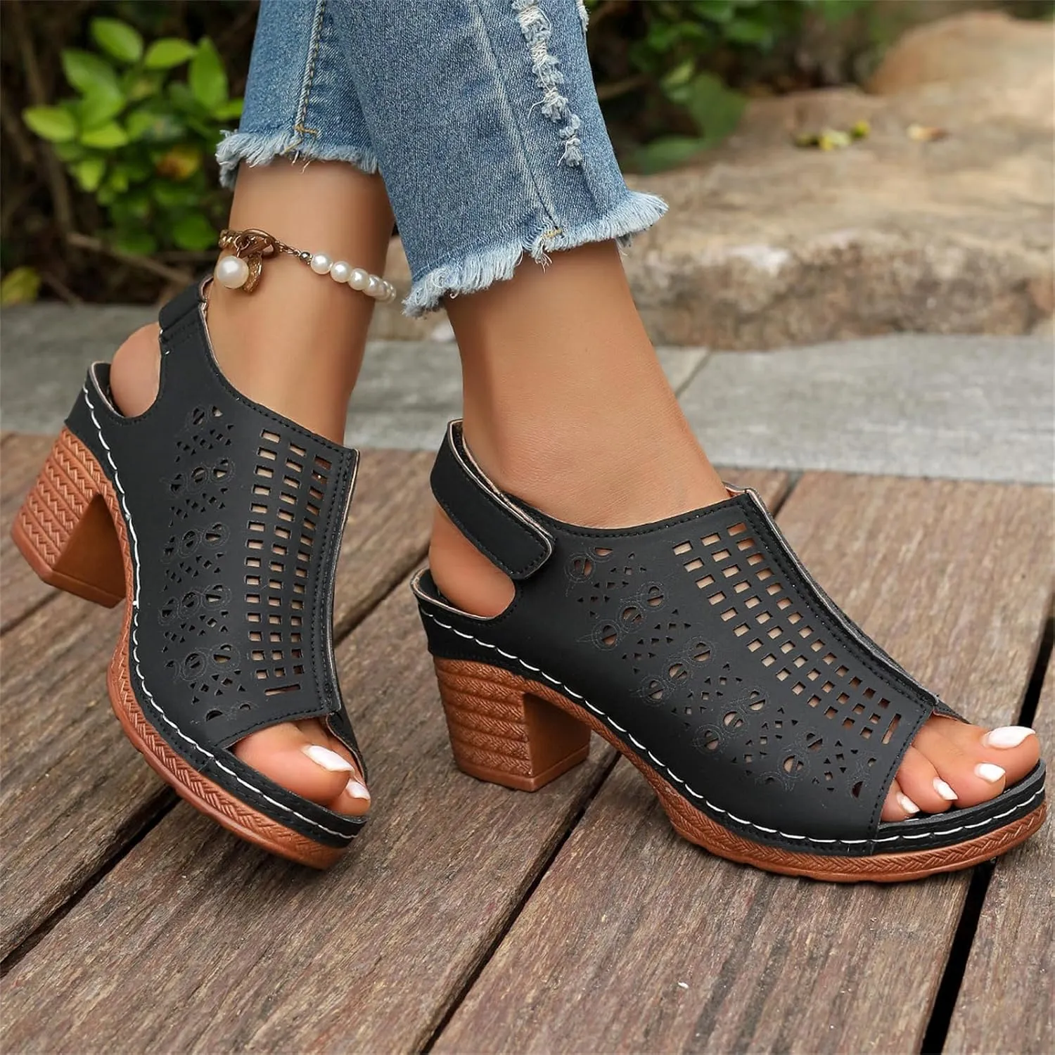Chunky Heel Sandals for Women Summer Open Toe Ankle Strap High Heel Sandals, Breathable Hollow Out Fish Mouth Sandal Slip On Outdoor Chunky High Heels