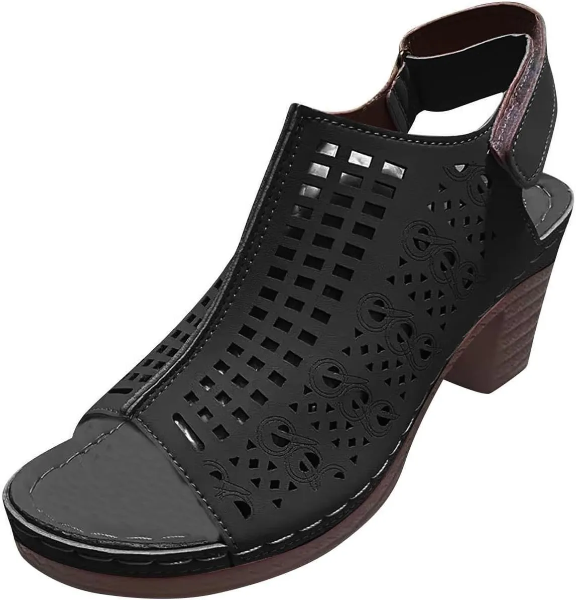 Chunky Heel Sandals for Women Summer Open Toe Ankle Strap High Heel Sandals, Breathable Hollow Out Fish Mouth Sandal Slip On Outdoor Chunky High Heels
