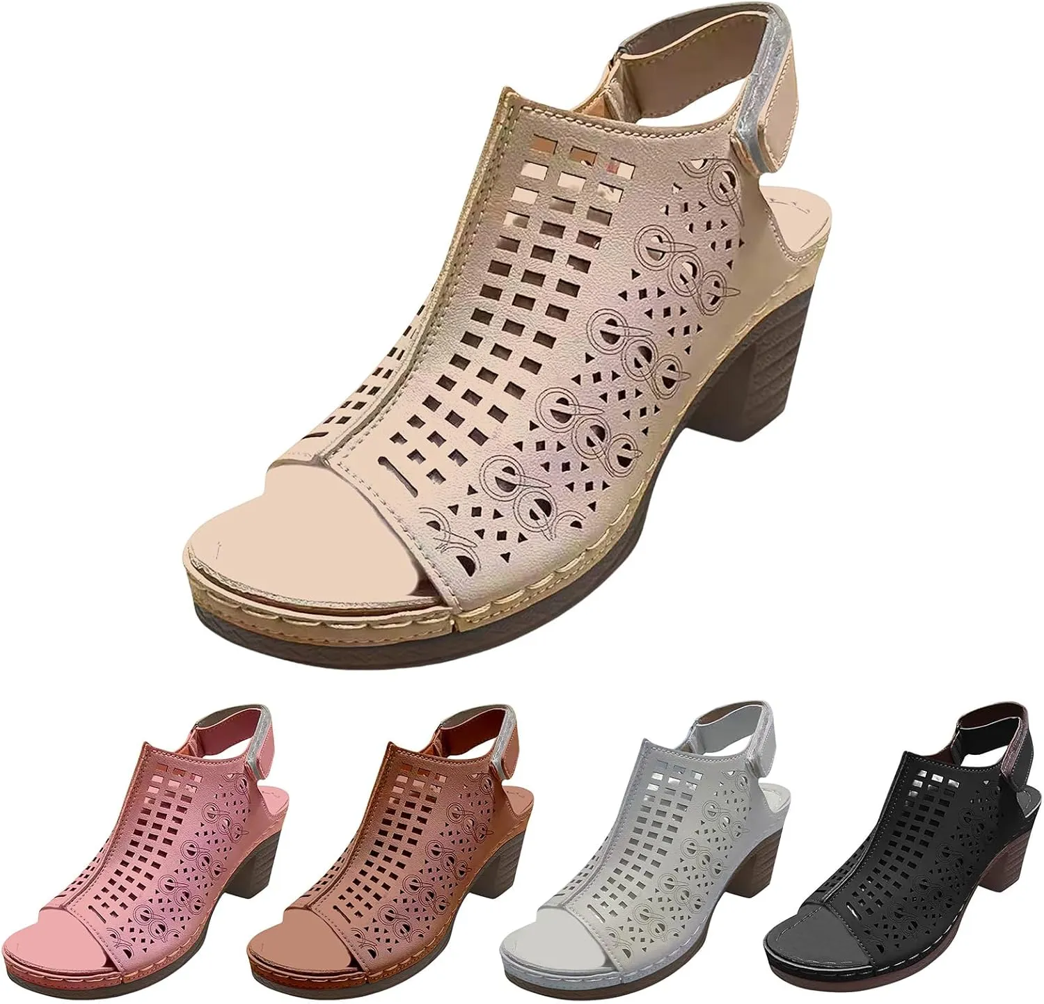 Chunky Heel Sandals for Women Summer Open Toe Ankle Strap High Heel Sandals, Breathable Hollow Out Fish Mouth Sandal Slip On Outdoor Chunky High Heels