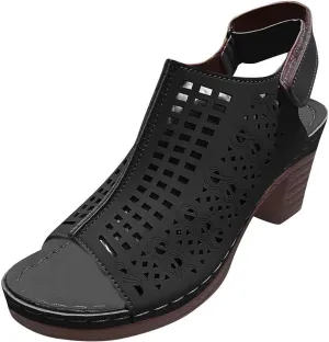 Chunky Heel Sandals for Women Summer Open Toe Ankle Strap High Heel Sandals, Breathable Hollow Out Fish Mouth Sandal Slip On Outdoor Chunky High Heels