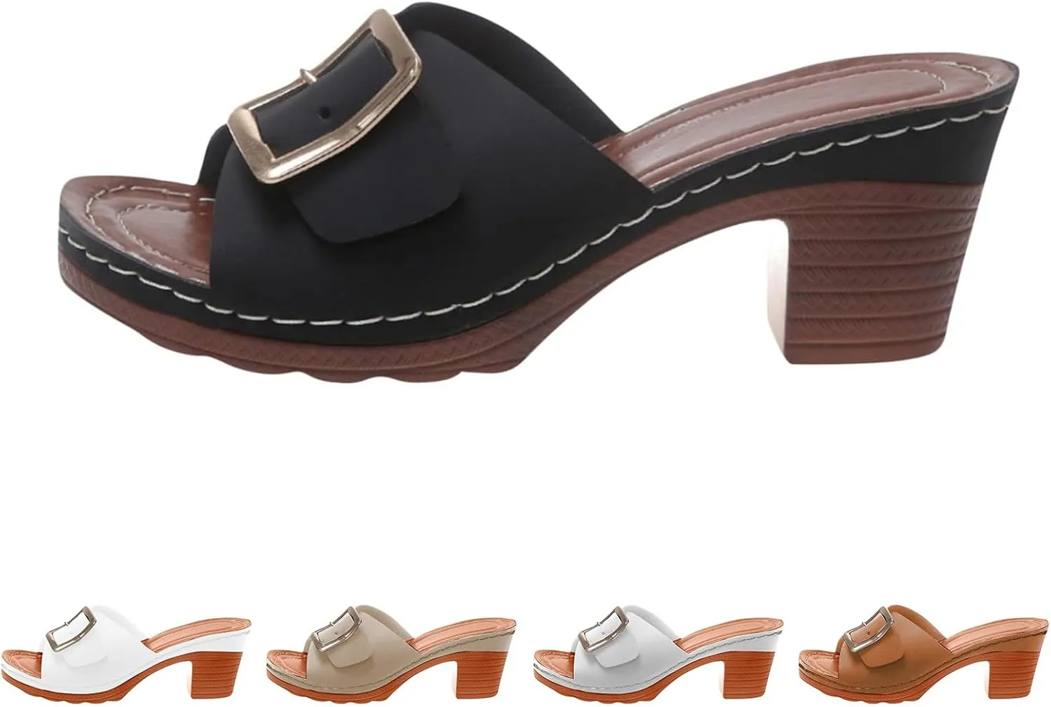 Chunky Heels for Women Summer Open Toe Slip on Comfortable Sandals Block Low Heel Metal Chain Shoes Fashion Buckle Decor Fish Mouth Sandals for Outdoor Wedding Date Party