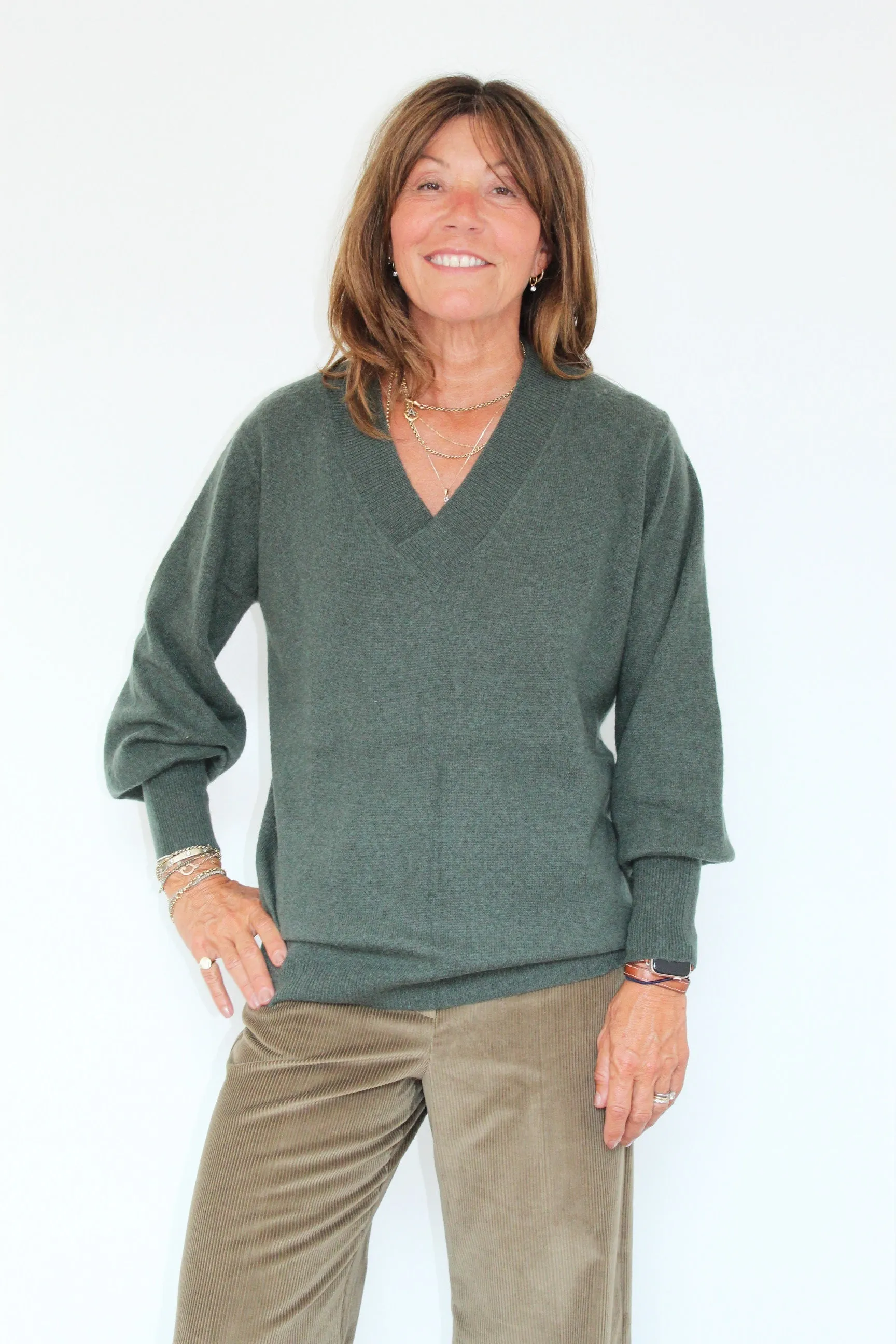 CRUSH Cashmere Hilo Balloon Sleeve Jumper in Khaki