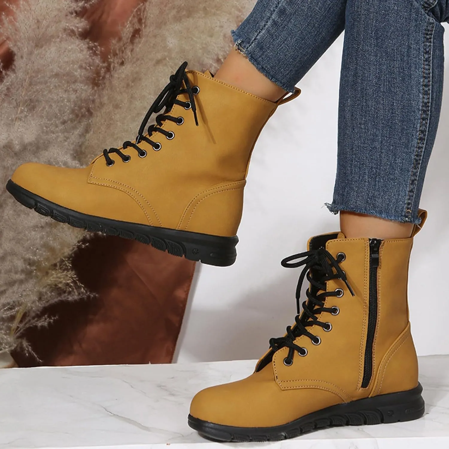 Fall Boots Women Ankle Black Wedge Booties Short Boots for Women Flat Boot Laces Comfy Casual Closed Back Lace-up Round Toe Comfortable Low Heel