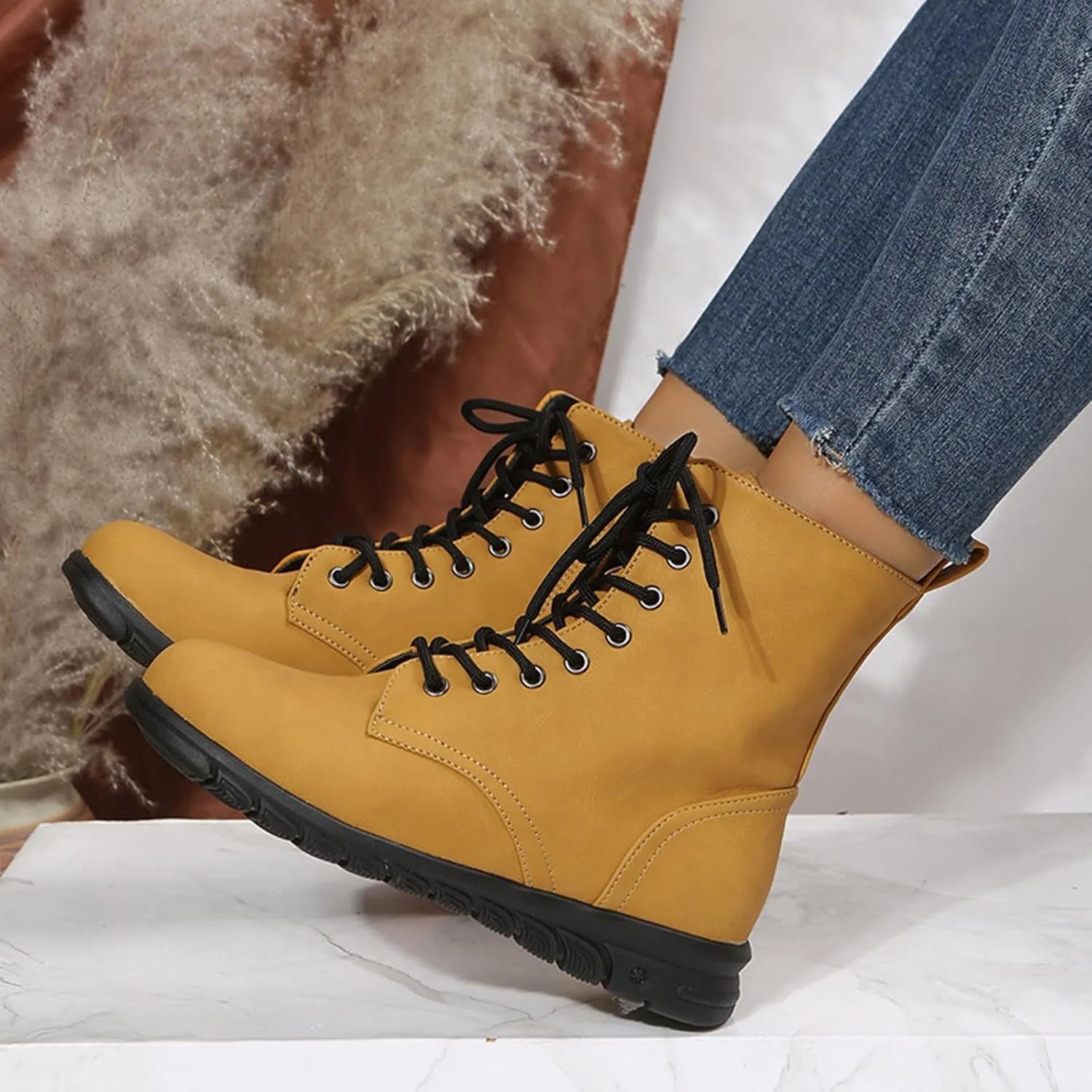Fall Boots Women Ankle Black Wedge Booties Short Boots for Women Flat Boot Laces Comfy Casual Closed Back Lace-up Round Toe Comfortable Low Heel