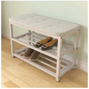 Indian Decor. 45951 Shoe Rack Shoe Organizer 2 Tier Metal Shoe Bench with Seat Cushion Multi-Layer Storage Shoe Organizer for Living Room and Corridor (Color:White, Size:70cm)