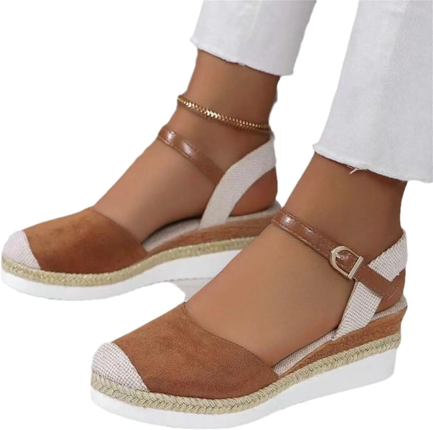 Kubbon Closed Toe Sandals Women Elastic Ankle Strap Espadrills Casual Platform Wedge Sandals Slip On Summer Sandles Outdoor Walking Shoes