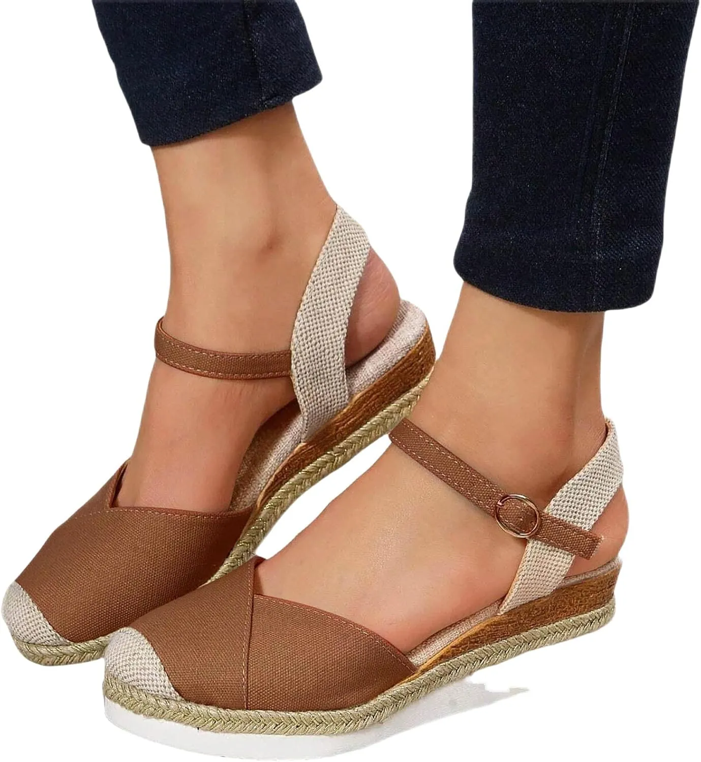 Kubbon Closed Toe Sandals Women Elastic Ankle Strap Espadrills Casual Platform Wedge Sandals Slip On Summer Sandles Outdoor Walking Shoes