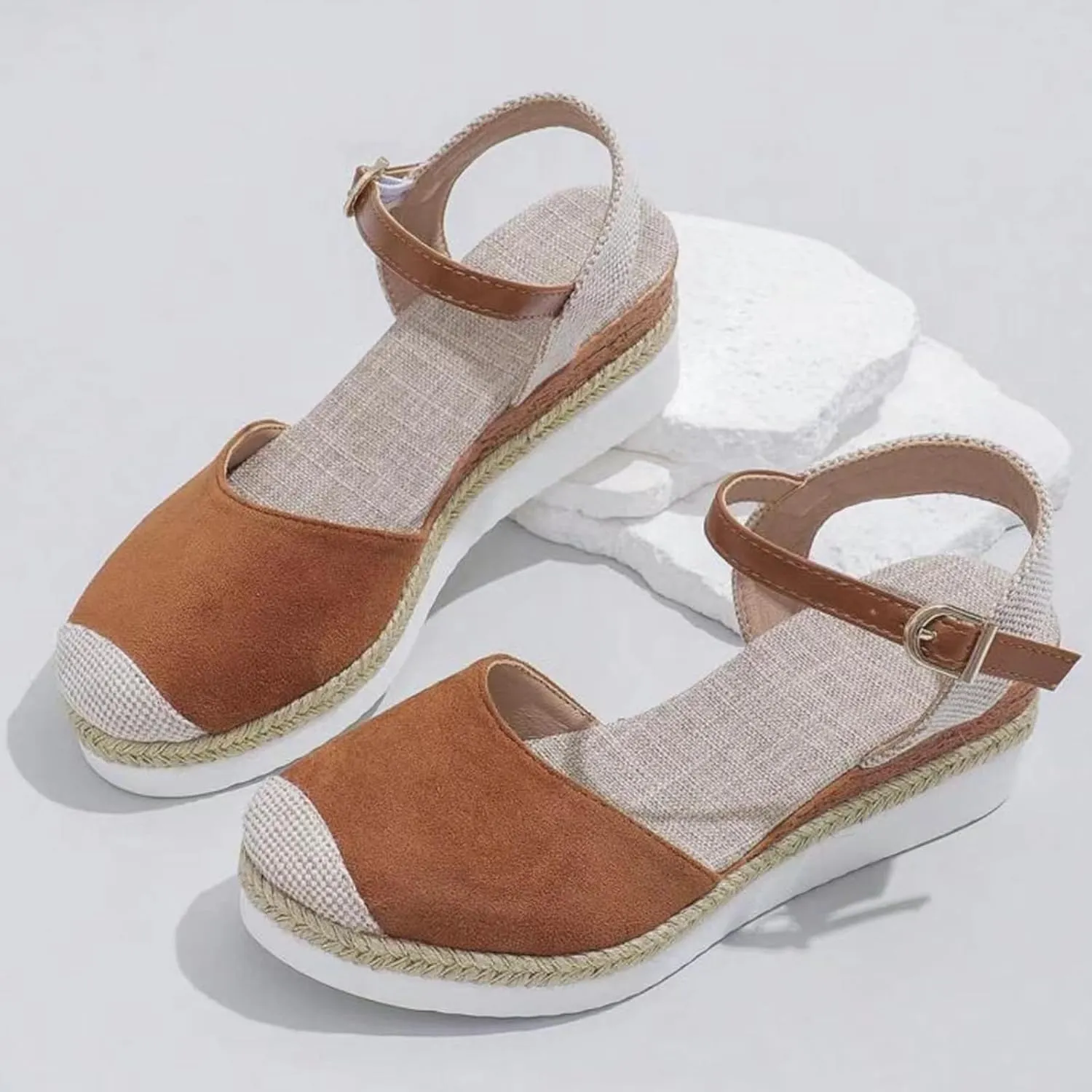 Kubbon Closed Toe Sandals Women Elastic Ankle Strap Espadrills Casual Platform Wedge Sandals Slip On Summer Sandles Outdoor Walking Shoes