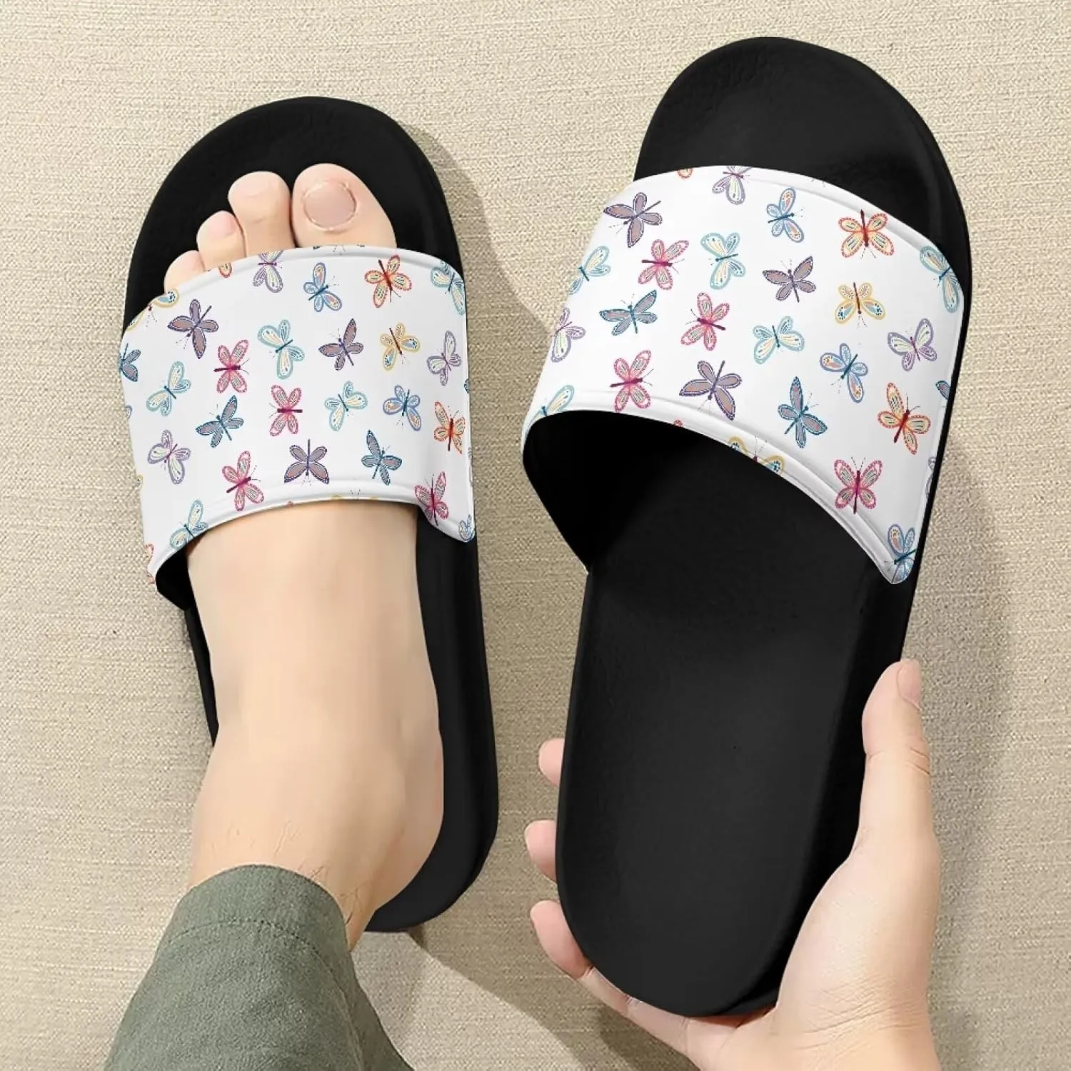 Ladies Pillow House Slide Sandals Open Toe Black Flat Shoes Ultra Cushion Sandals Single Band Bath Shower Shoes Travel-friendly Flip Flops