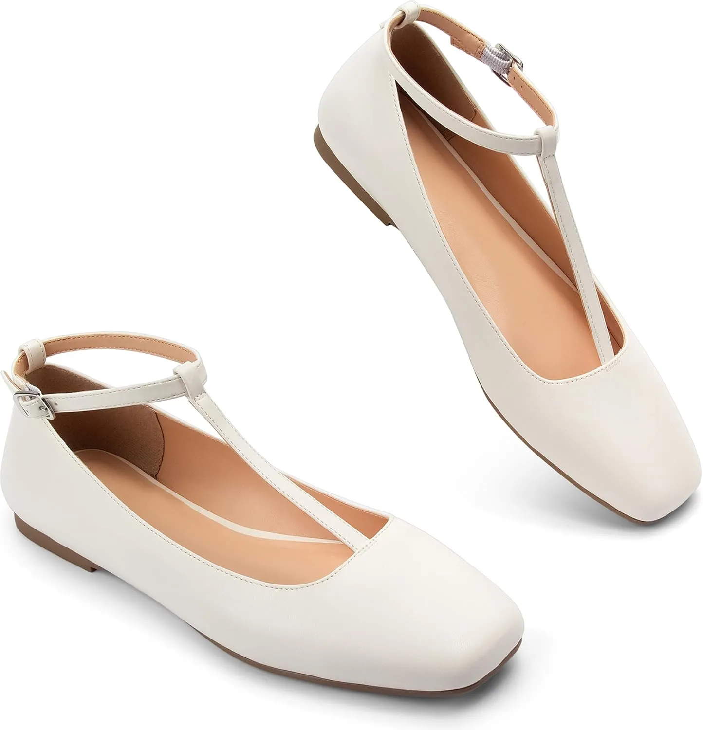 Mary Jane Flats Women Adjustable T Strap Square Toe Ballet Flats Ankle Strap Dress Comfortable Flats for Work,Date Nights Party,Office,Wedding