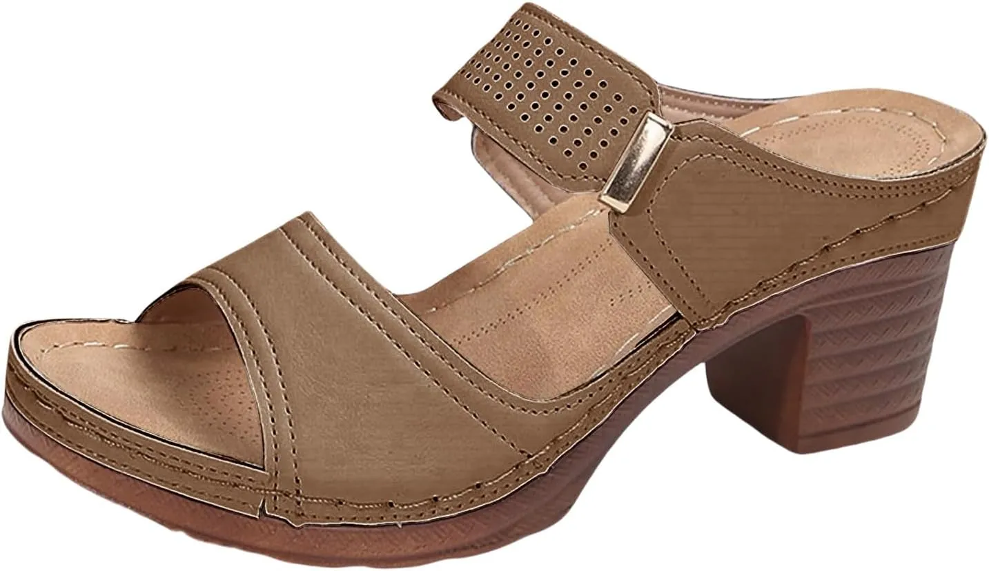 Orthopedic Sandals for Women Chunky Heels Sandals Comfortable Open Toe Dressy Platform Sandal Shoes Summer Slip On Arch Support Shoes Lightweight Casual Open Back Shoe