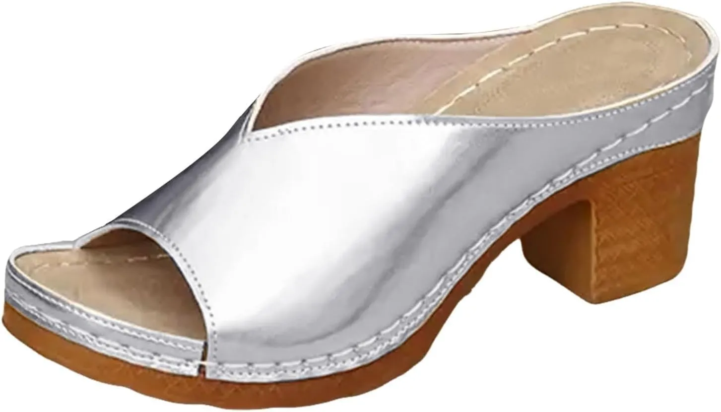 Orthopedic Sandals for Women Open Toe Non Slip Heeled Sandals Comfortable Beach Slippers Casual Summer Mules Shoes Soft Leather Block Chunky Mid Heels Sandal