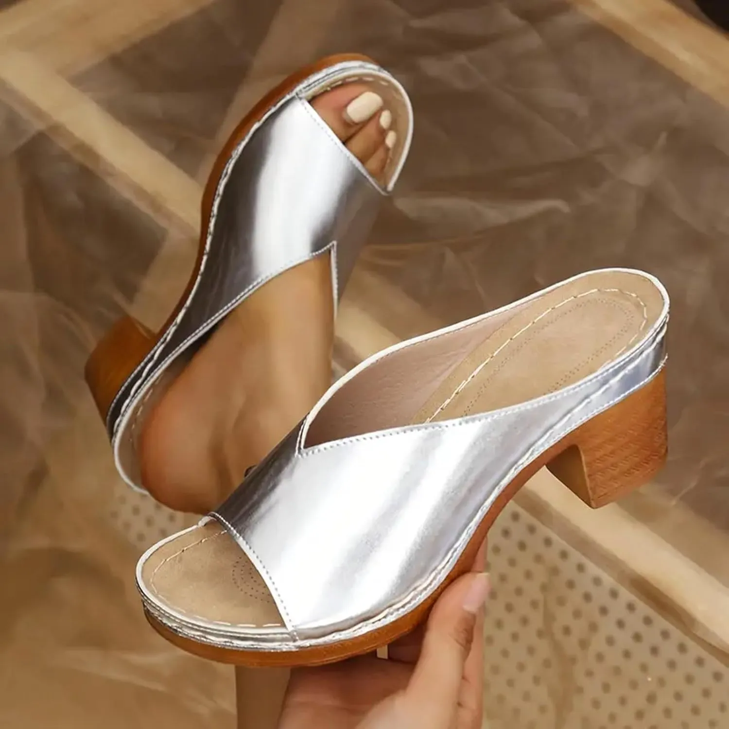 Orthopedic Sandals for Women Open Toe Non Slip Heeled Sandals Comfortable Beach Slippers Casual Summer Mules Shoes Soft Leather Block Chunky Mid Heels Sandal