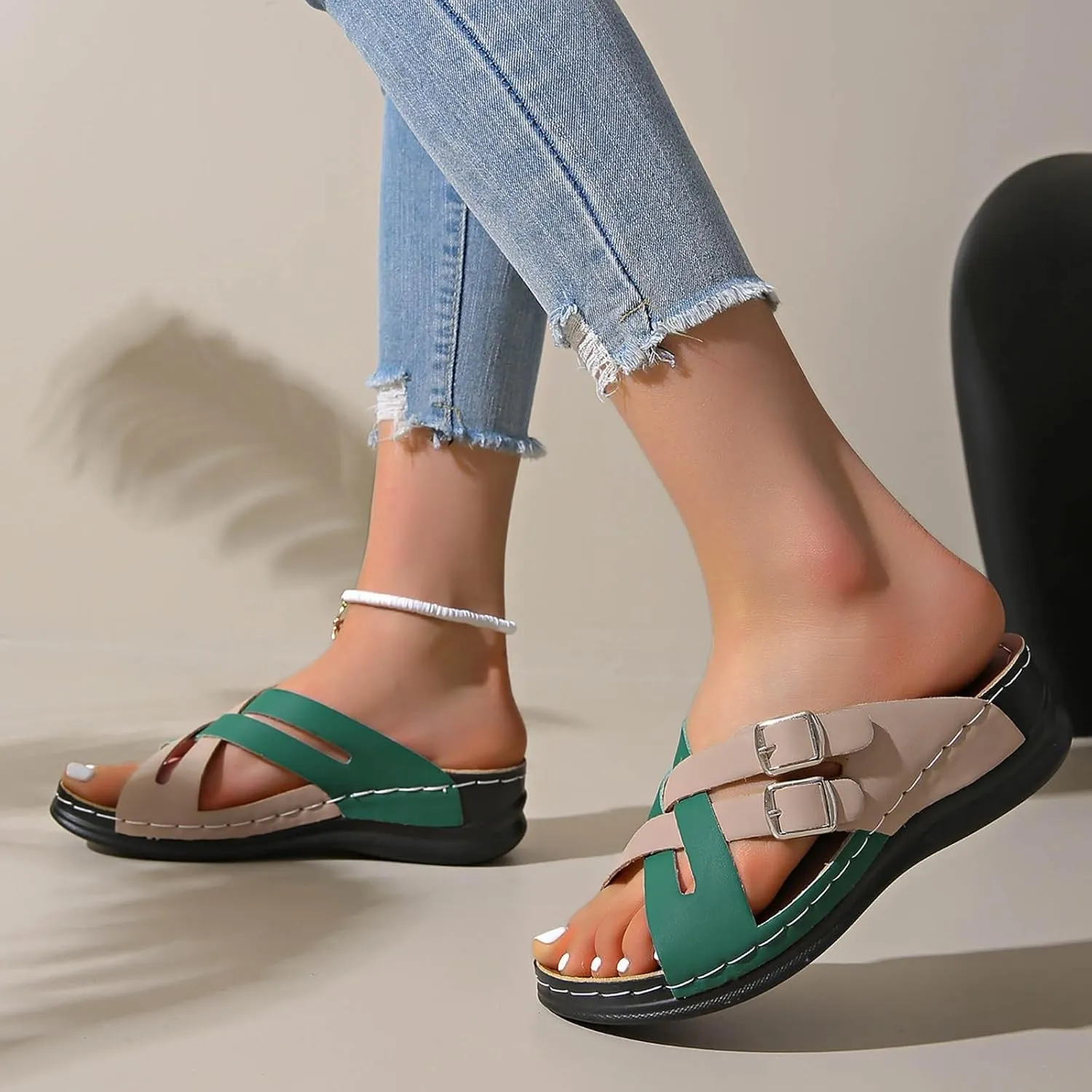 Orthopedic Sandals for Women Summer Comfortable Open Toe Crisscross Adjustable Straps Wedge Walking Shoes Casual Slip On Slippers Lightweight Dressy Low Heel Sandal with Arch Support