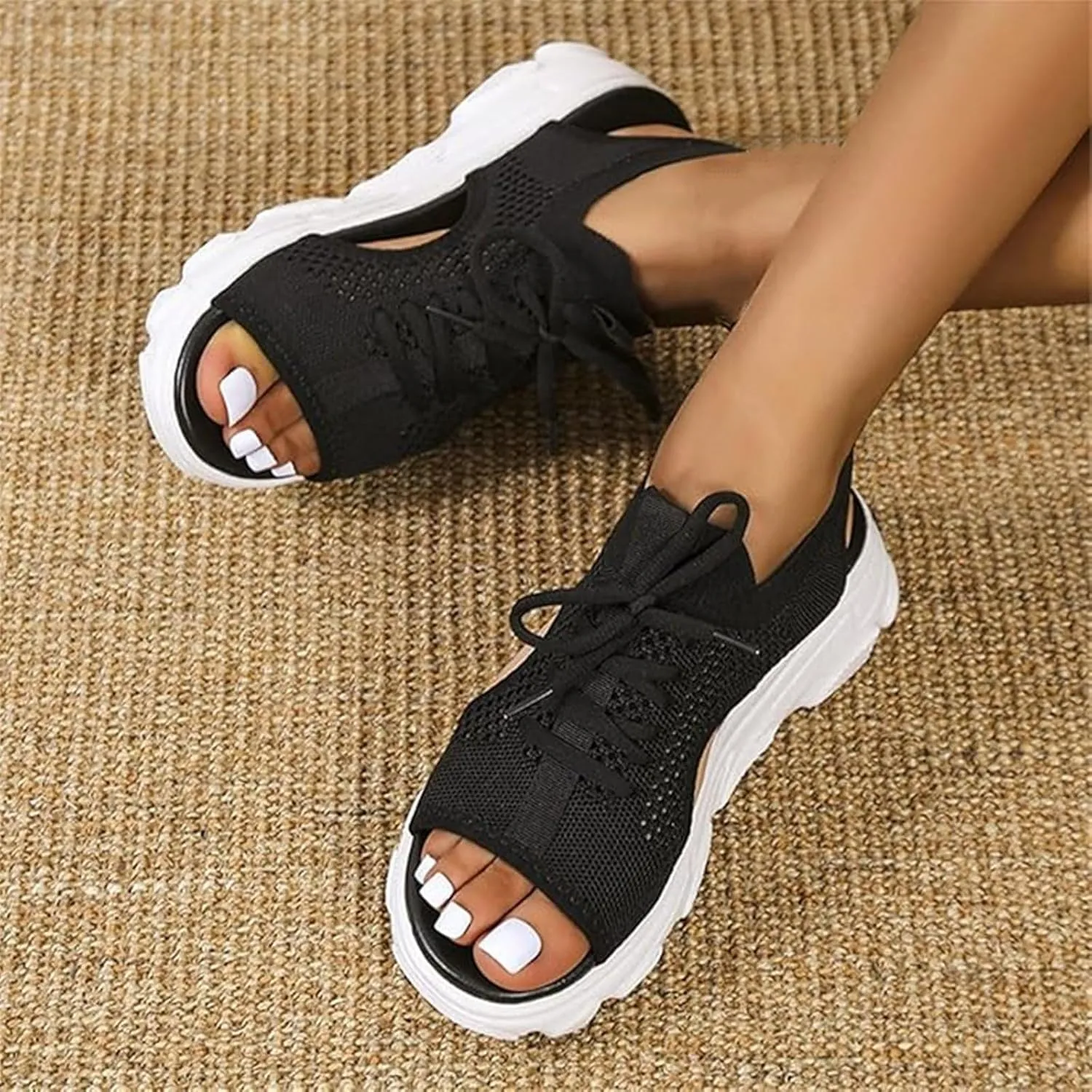 Orthopedic Wedge Sandals for Women Dressy Arch Support Walking Comfortable Sandal Casual Thick Soled Beach Shoes Toe Platform Sneaker Shoe Paneled Cutout Lace-Up Muffin Sandals