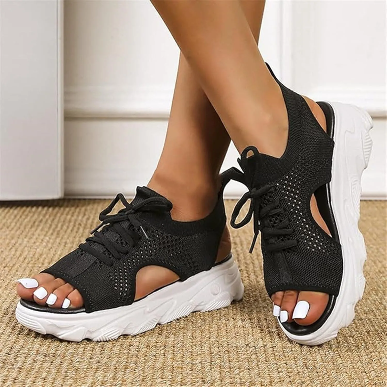 Orthopedic Wedge Sandals for Women Dressy Arch Support Walking Comfortable Sandal Casual Thick Soled Beach Shoes Toe Platform Sneaker Shoe Paneled Cutout Lace-Up Muffin Sandals