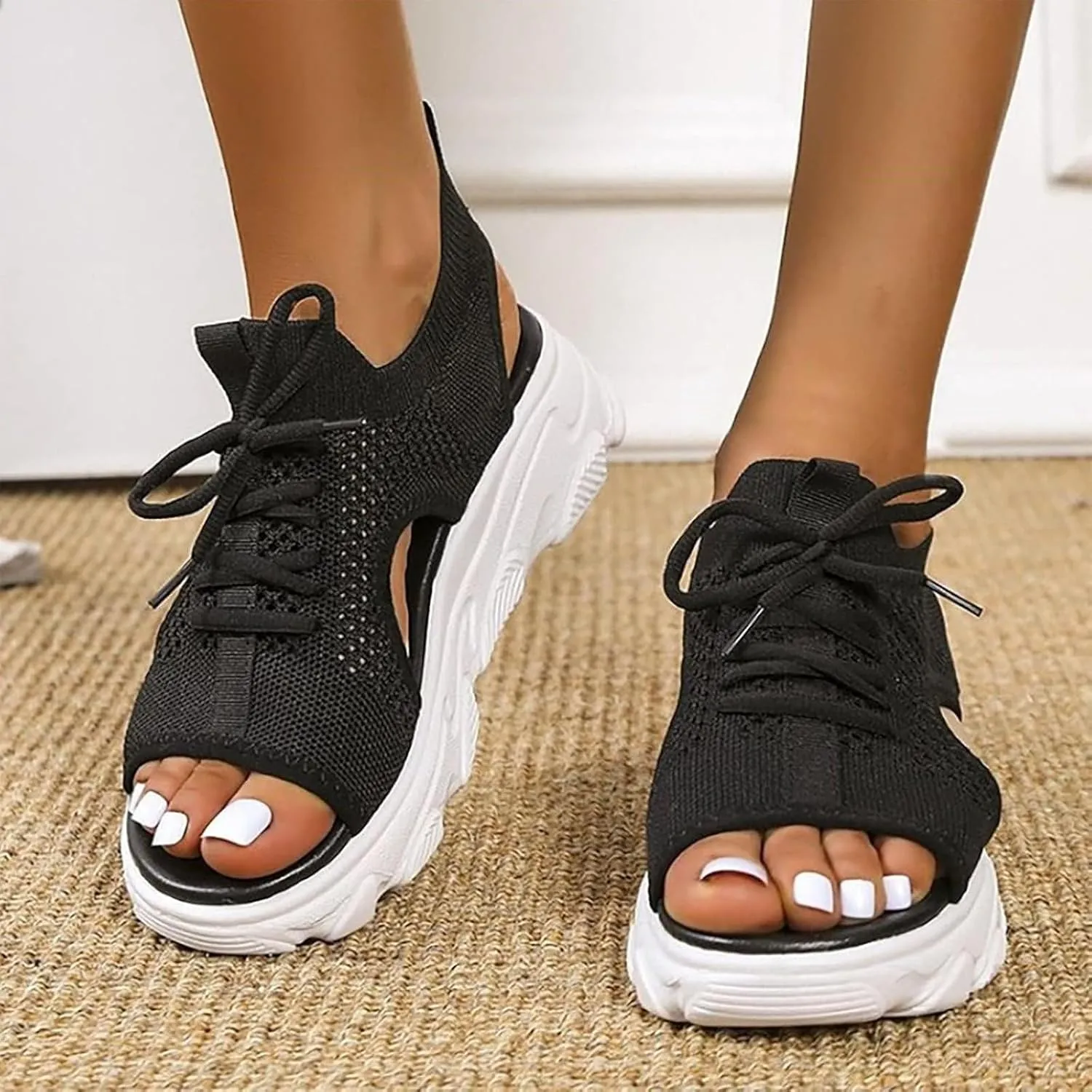 Orthopedic Wedge Sandals for Women Dressy Arch Support Walking Comfortable Sandal Casual Thick Soled Beach Shoes Toe Platform Sneaker Shoe Paneled Cutout Lace-Up Muffin Sandals