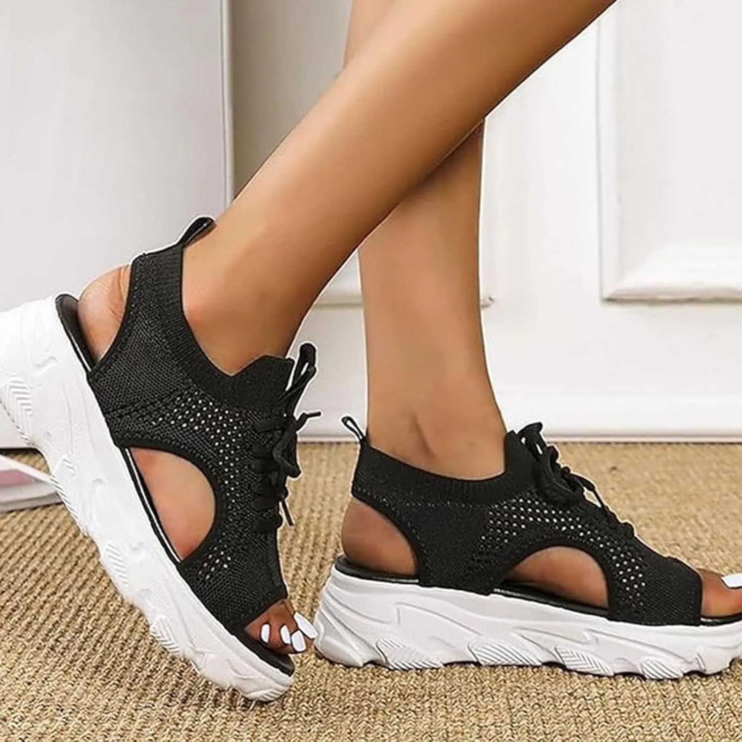 Orthopedic Wedge Sandals for Women Dressy Arch Support Walking Comfortable Sandal Casual Thick Soled Beach Shoes Toe Platform Sneaker Shoe Paneled Cutout Lace-Up Muffin Sandals
