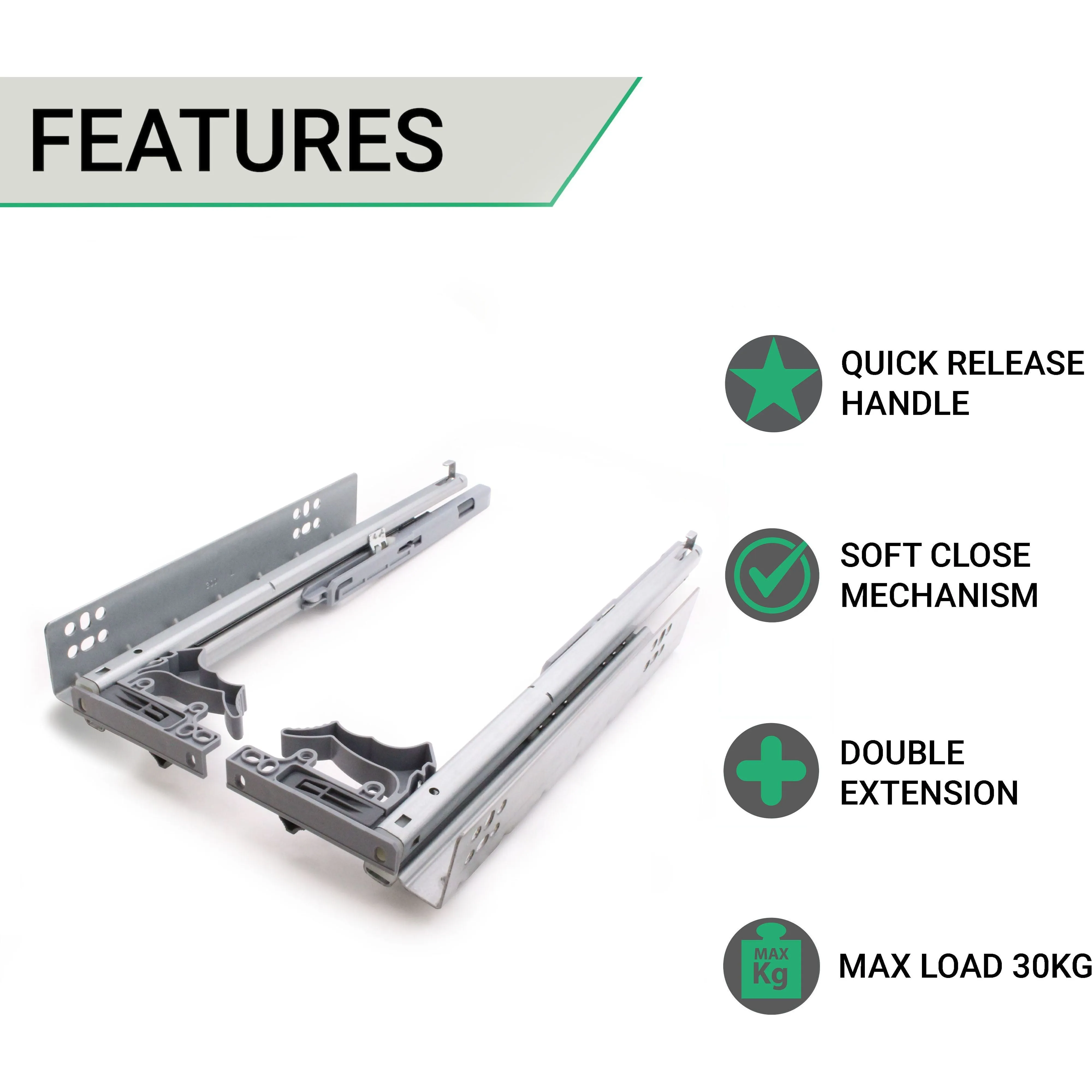 Soft Close Concealed Undermount Drawer Runners Double Extension 30kg Max 500mm