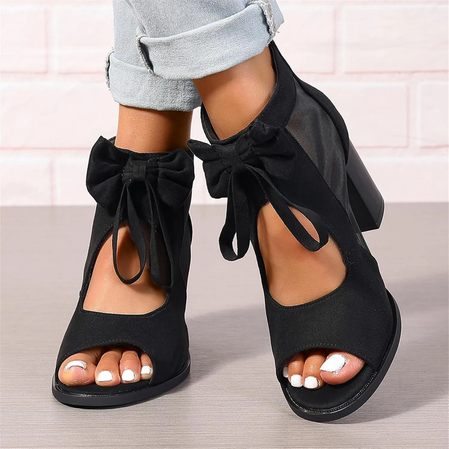 Summer Sandals for Women 2025 Ankle Strap Chunky High Heel Sandals Fashion Bow Fish Mouth Open Toe Sandal Breathable Backless Slingback Dress Shoes Comfortable Dress Booties
