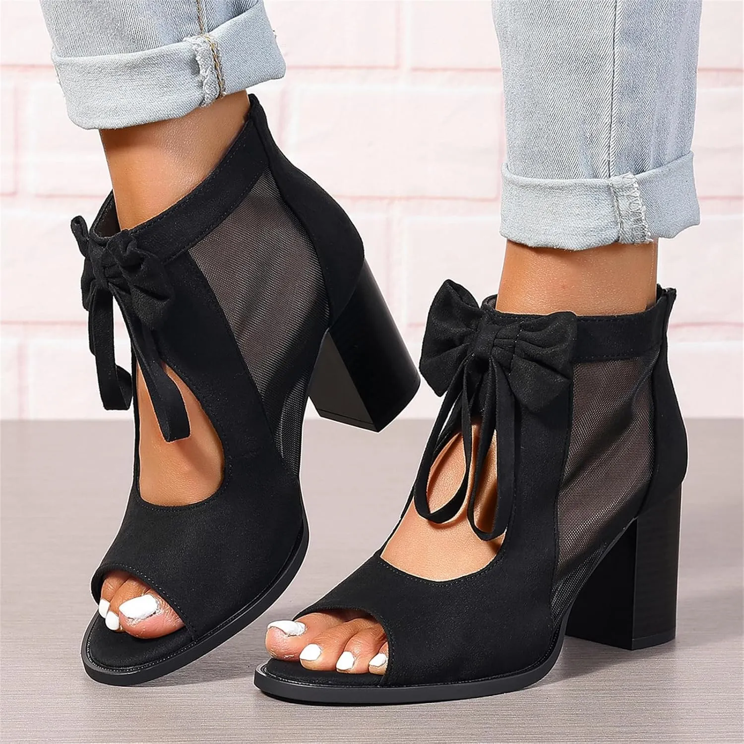 Summer Sandals for Women 2025 Ankle Strap Chunky High Heel Sandals Fashion Bow Fish Mouth Open Toe Sandal Breathable Backless Slingback Dress Shoes Comfortable Dress Booties