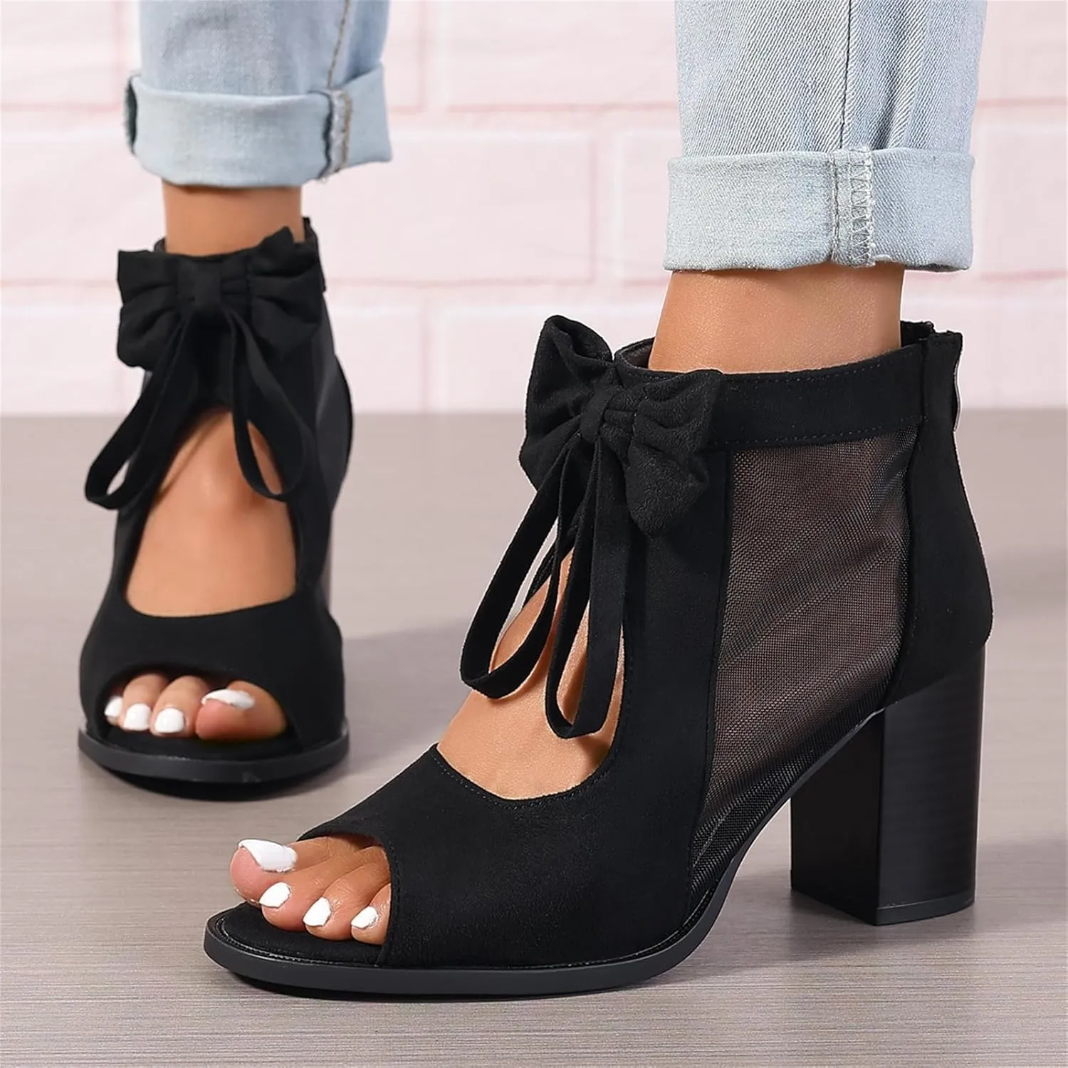 Summer Sandals for Women 2025 Ankle Strap Chunky High Heel Sandals Fashion Bow Fish Mouth Open Toe Sandal Breathable Backless Slingback Dress Shoes Comfortable Dress Booties
