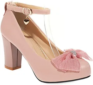 VOKLIN Women's Girls Lolita Ankle Strap Mary Jane Pumps Sweet Bow Block High Heel Princess Oxford Dress Shoes