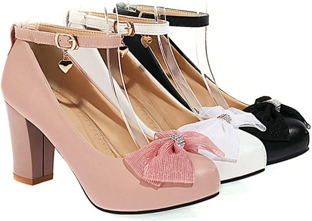 VOKLIN Women's Girls Lolita Ankle Strap Mary Jane Pumps Sweet Bow Block High Heel Princess Oxford Dress Shoes
