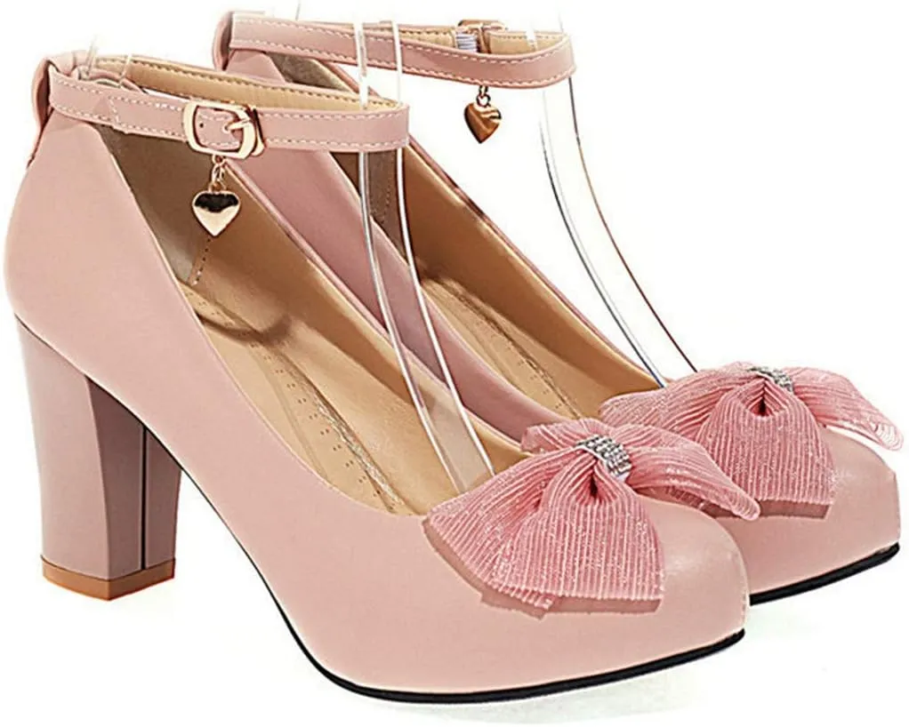 VOKLIN Women's Girls Lolita Ankle Strap Mary Jane Pumps Sweet Bow Block High Heel Princess Oxford Dress Shoes