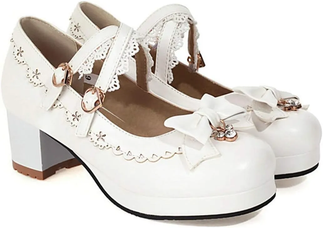 VOKLIN Women's Girls Lolita Mary Jane Pumps Sweet Bow Cross Ankle Strap Mid Heel Princess Oxford Dress Shoes