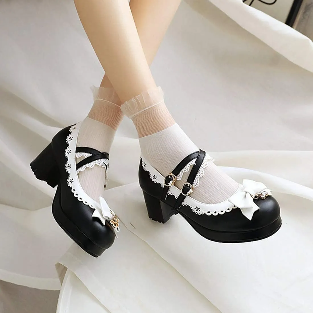 VOKLIN Women's Girls Lolita Mary Jane Pumps Sweet Bow Cross Ankle Strap Mid Heel Princess Oxford Dress Shoes