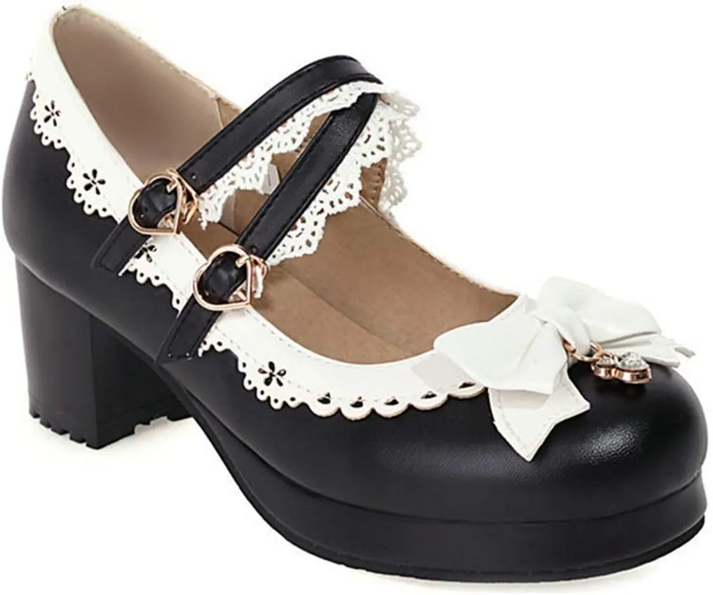 VOKLIN Women's Girls Lolita Mary Jane Pumps Sweet Bow Cross Ankle Strap Mid Heel Princess Oxford Dress Shoes
