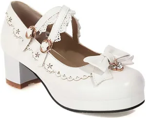 VOKLIN Women's Girls Lolita Mary Jane Pumps Sweet Bow Cross Ankle Strap Mid Heel Princess Oxford Dress Shoes