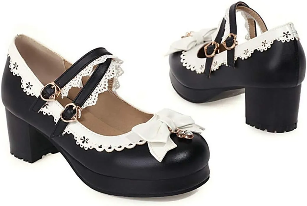 VOKLIN Women's Girls Lolita Mary Jane Pumps Sweet Bow Cross Ankle Strap Mid Heel Princess Oxford Dress Shoes