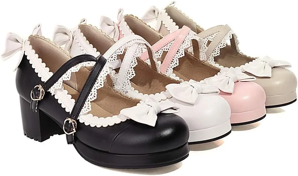 VOKLIN Women's Girls Lolita Mary Jane Shoes Sweet Bow Cross Ankle Strap Mid Heels Cosplay Oxford Dress Pumps