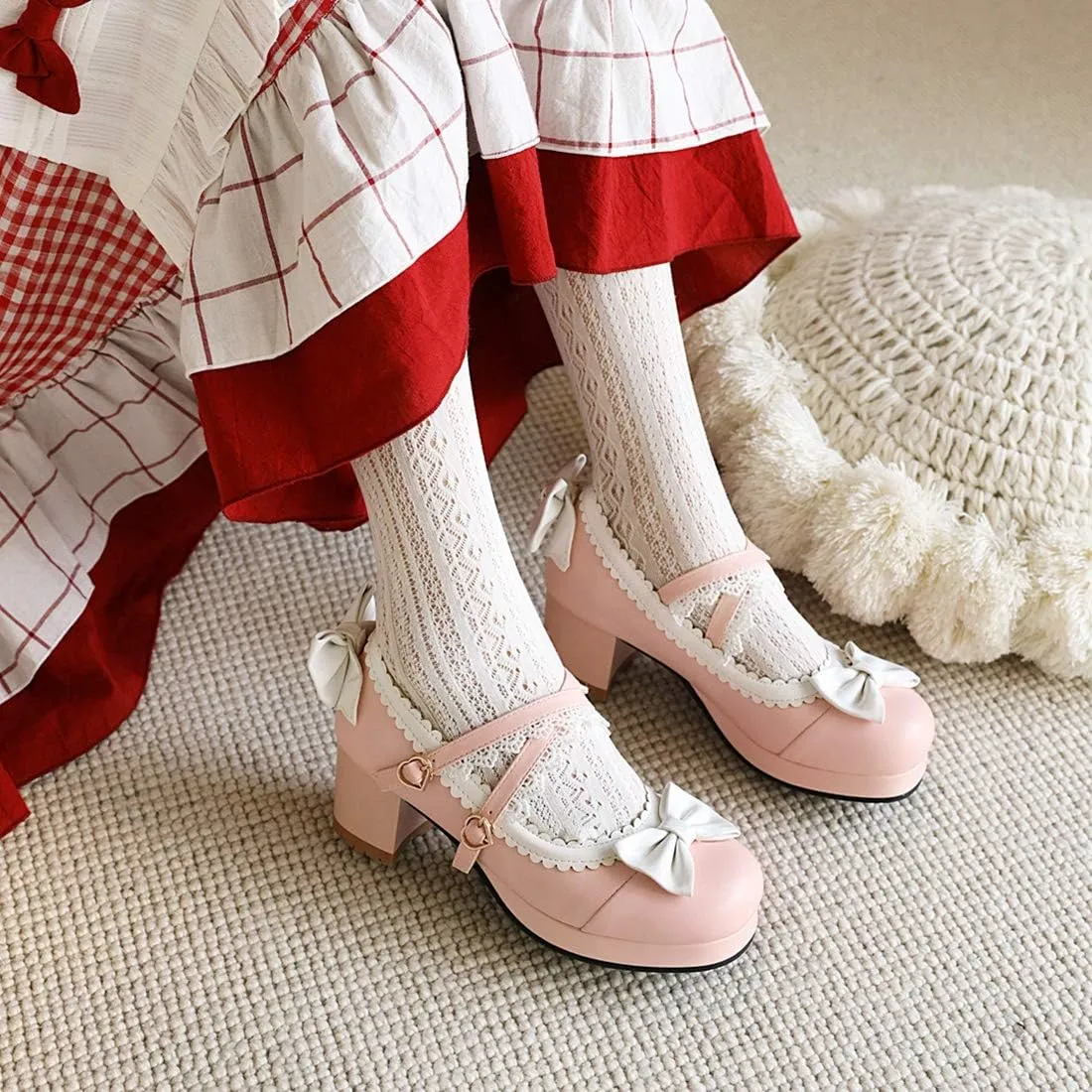 VOKLIN Women's Girls Lolita Mary Jane Shoes Sweet Bow Cross Ankle Strap Mid Heels Cosplay Oxford Dress Pumps