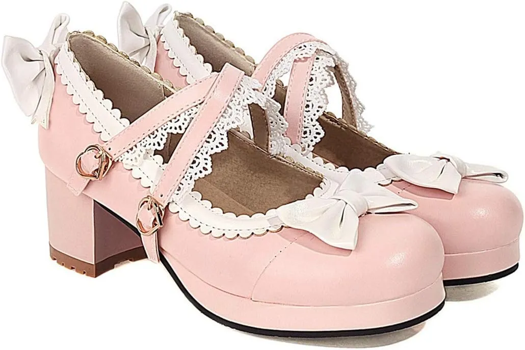 VOKLIN Women's Girls Lolita Mary Jane Shoes Sweet Bow Cross Ankle Strap Mid Heels Cosplay Oxford Dress Pumps