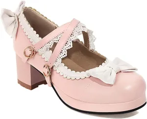 VOKLIN Women's Girls Lolita Mary Jane Shoes Sweet Bow Cross Ankle Strap Mid Heels Cosplay Oxford Dress Pumps