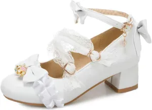 VOKLIN Women's Girls Lolita Princess Mary Jane Pumps Sweet Bow Lace Ankle Strap Low Heel Oxford Dress Shoes