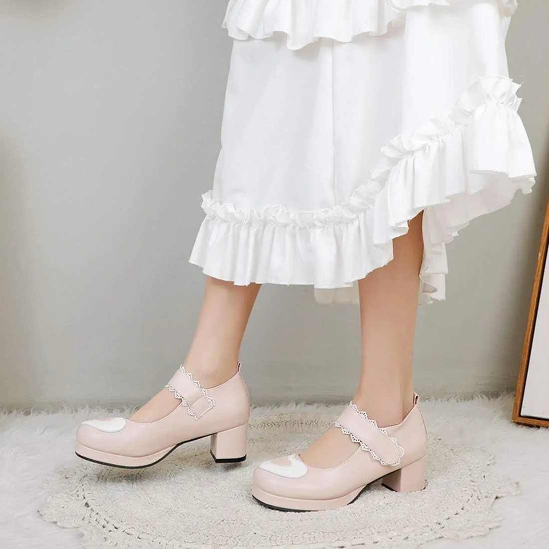 VOKLIN Women's Girls Platform Mary Jane Pumps Ankle Strap Hook-and-Loop Block Mid Heel Oxford Dress Shoes