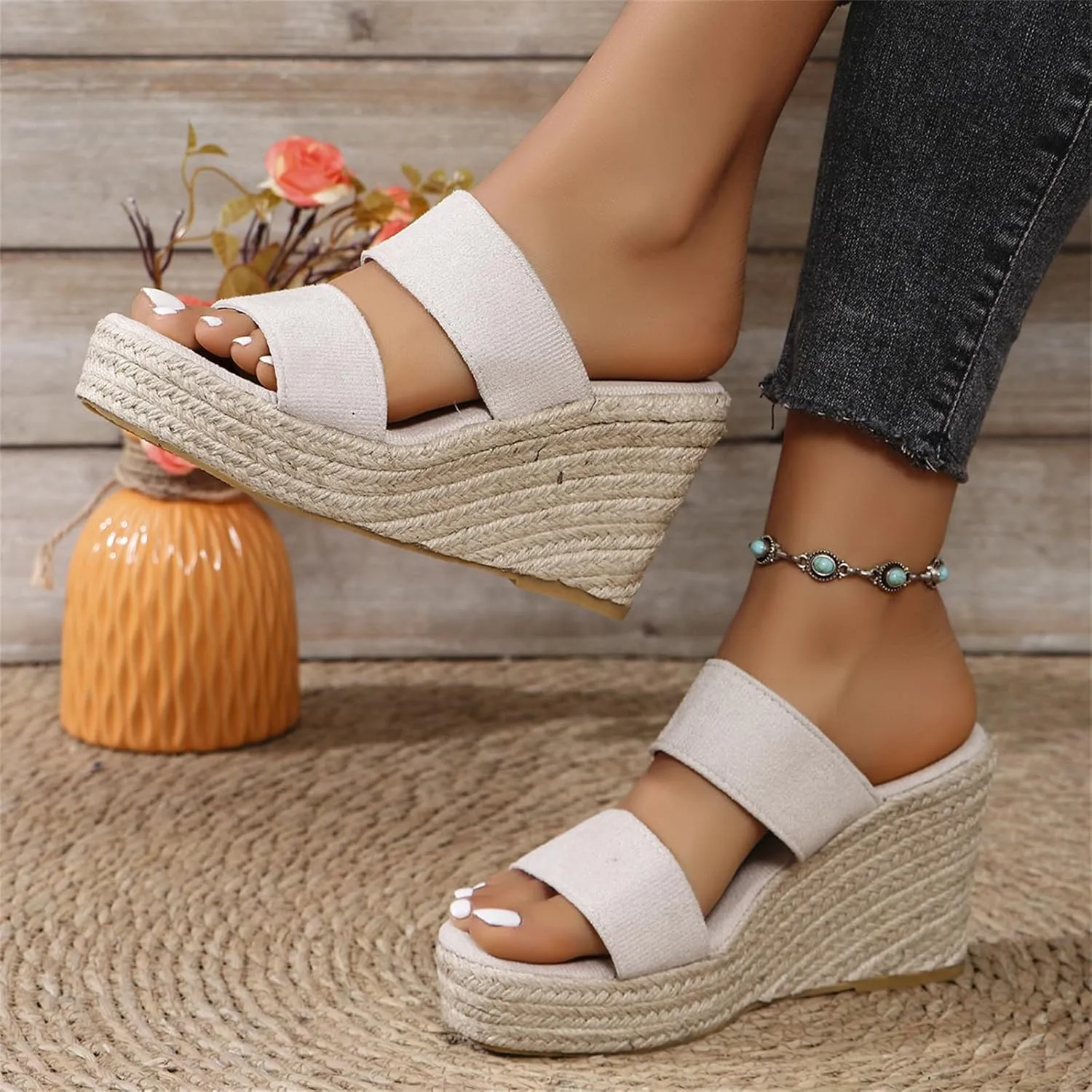 Wedge Sandals for Women 2025 Dressy Espadrilles Wedges Open Toe Wide Width Sandal Casual Platform Slides Slip On Outdoor Slippers Summer Dress Shoes Ladies Breathable Shoes Fashion Trends