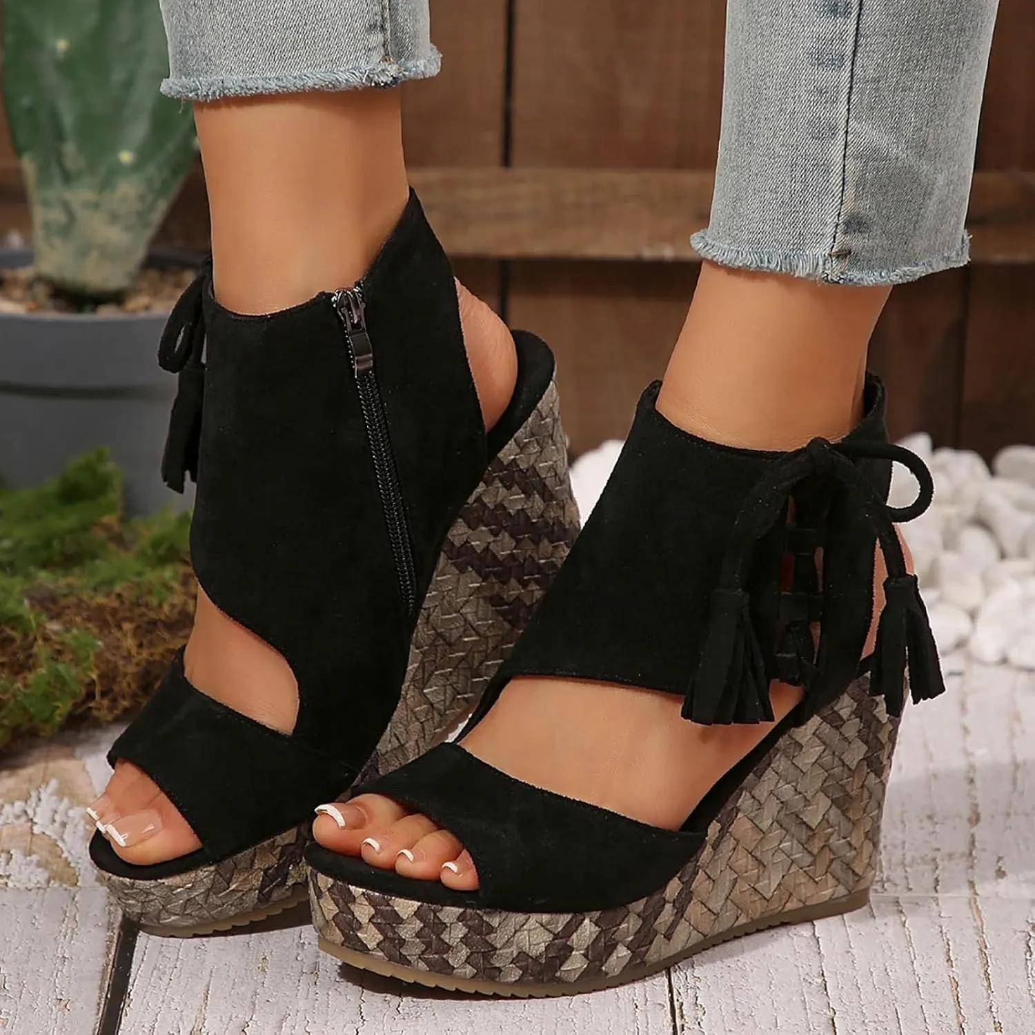 Wedge Sandals for Women 2025 Fishmouth Open Toe Shoes High Wedge Heel Side Zipper Slingback Ankle Strapy Beach Summer Footwear Arch Support Orthopedic Platform Sandals
